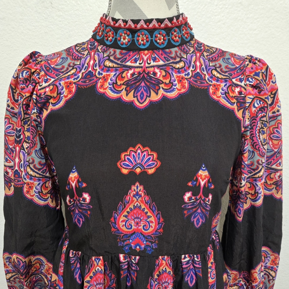 Anthropologie Boho Paisley Print Mock Neck Long Sleeve Mini Dress Size 0P - Picture 2 of 16